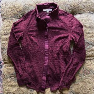 Ann Taylor LOFT Lace Buttondown Size XS Maroon Dark Red Long Sleeve Collar